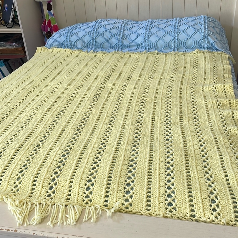 Lemon yellow knitted throw size afghan vintage piece